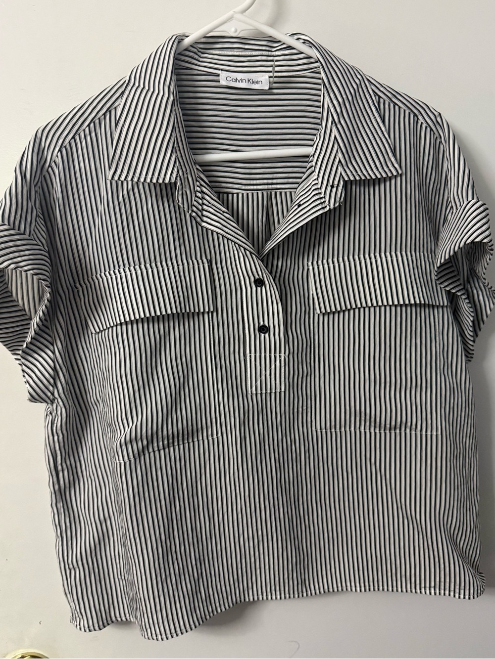 Calvin Klein Black and White Vertical Stripe Button-Front Top
